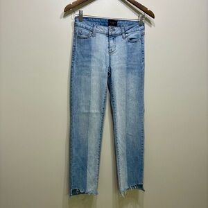 Celebrity Pink Two-Tone Straight Leg Raw Hem Ankle Crop Denim Jeans Blue